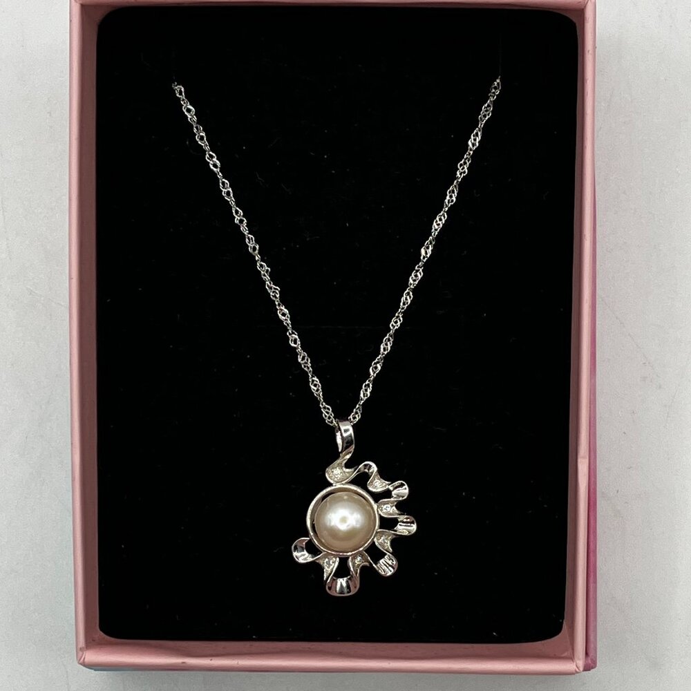 Pearl Pendant .925 Sterling Silver Genuine + 925 Water Wave Chain Gift Box NEW